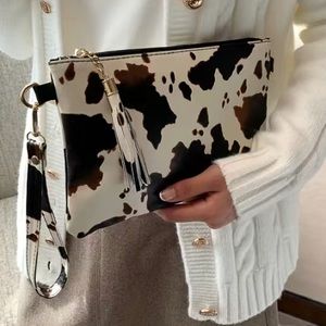 Cow Print Zipped Clutch with Wristband
